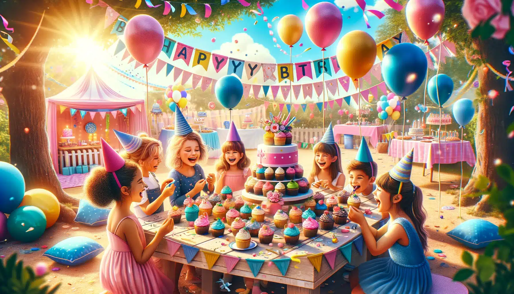 DALL·E 2024 02 14 14.13.59 A vibrant childrens birthday party scene themed around cupcakes. The setting is outdoors on a sunny day with a festively decorated table filled with | De Groene Helden, Ontdek een wereld van duurzaamheid en plezier voor de hele familie.