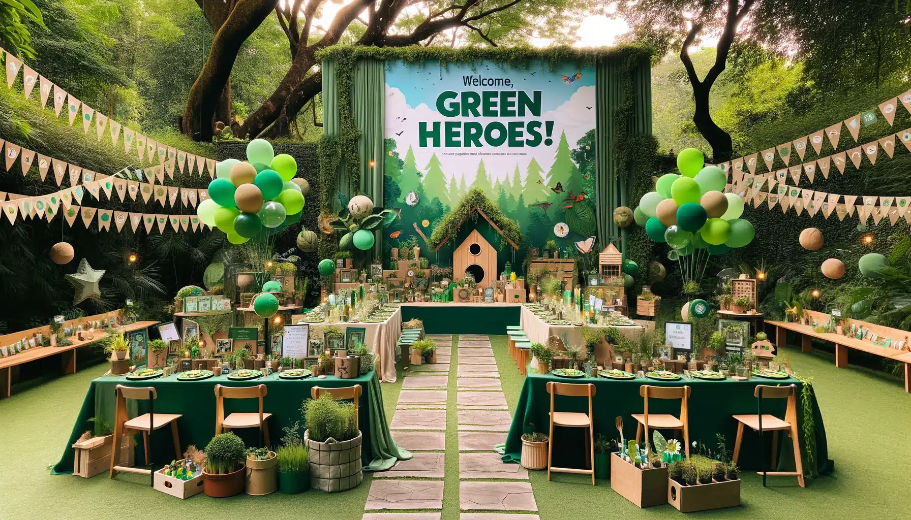 DALL·E 2024 02 14 14.16.14 Imagine a Green Heroes themed kids birthday party designed to inspire environmental awareness. The scene is set in a lush garden under the canopy | De Groene Helden, Ontdek een wereld van duurzaamheid en plezier voor de hele familie.