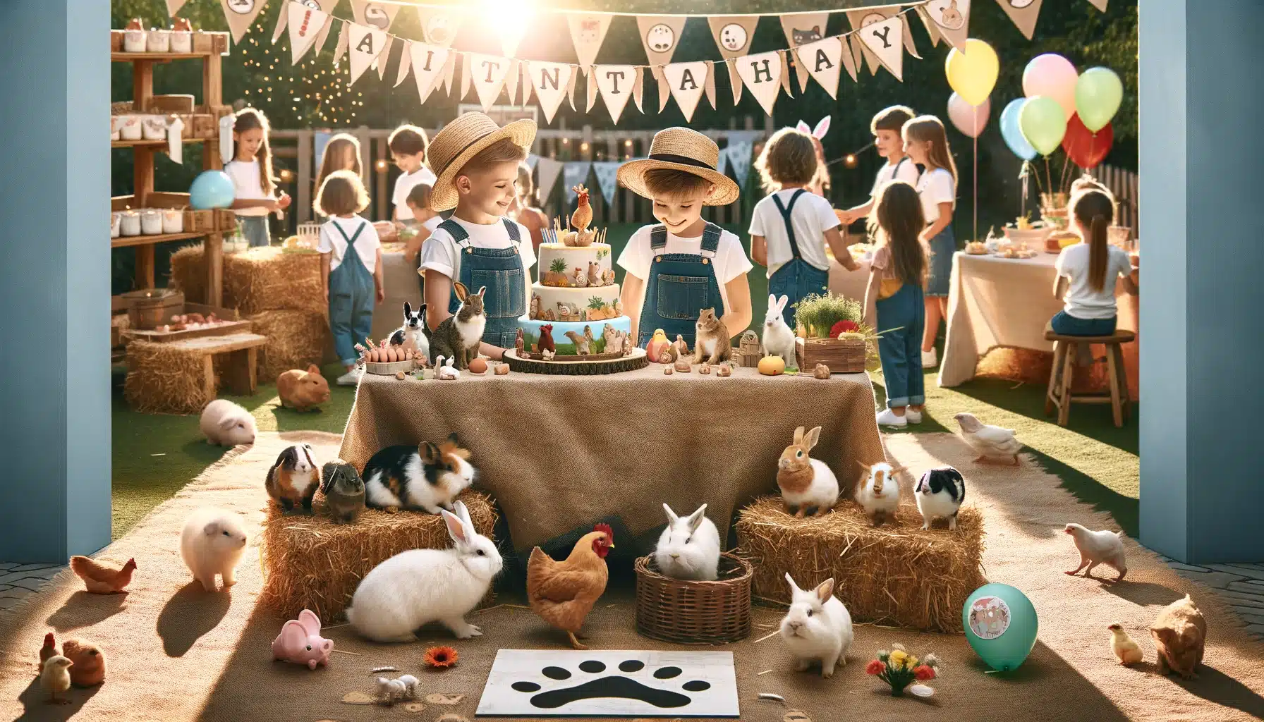 DALL·E 2024 02 14 14.18.53 Create a joyful kids birthday party scene with an Animals theme focusing on rabbits chickens and small pigs. The setting is a sunlit outdoor are | De Groene Helden, Ontdek een wereld van duurzaamheid en plezier voor de hele familie.