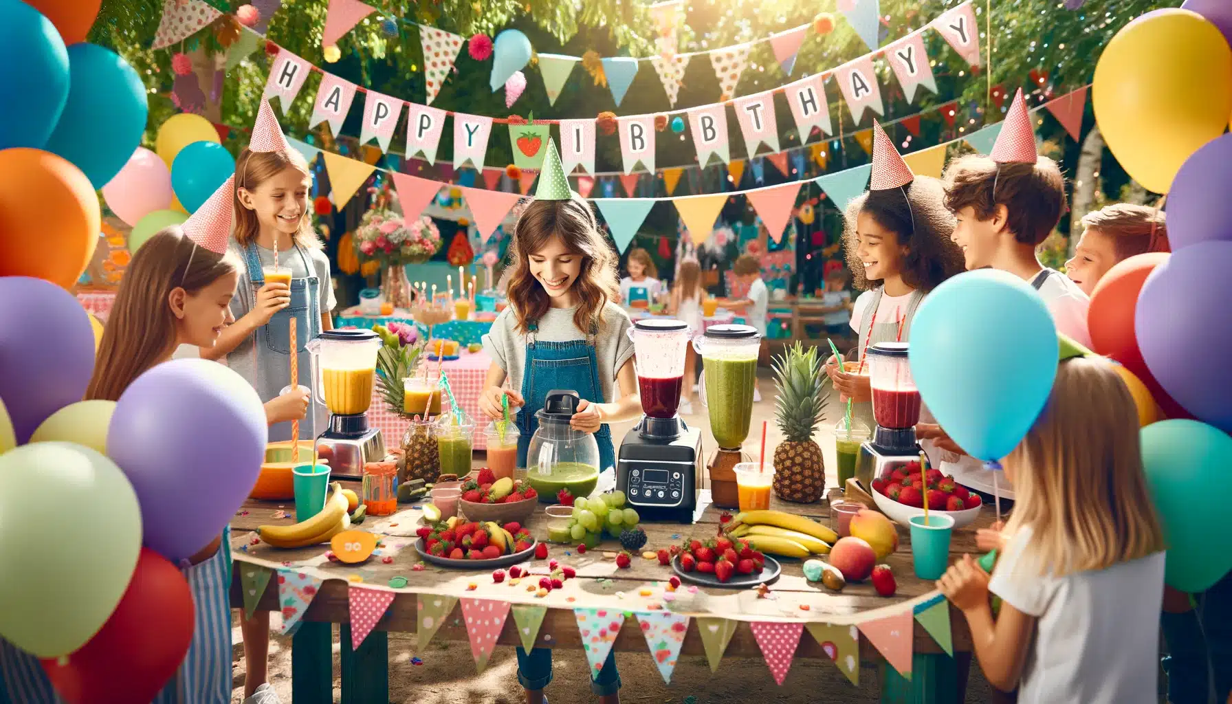 DALL·E 2024 02 14 14.23.50 Visualize a vibrant and fun filled kids birthday party with a Smoothies theme. The celebration is set in a sunny outdoor space adorned with colorf | De Groene Helden, Ontdek een wereld van duurzaamheid en plezier voor de hele familie.