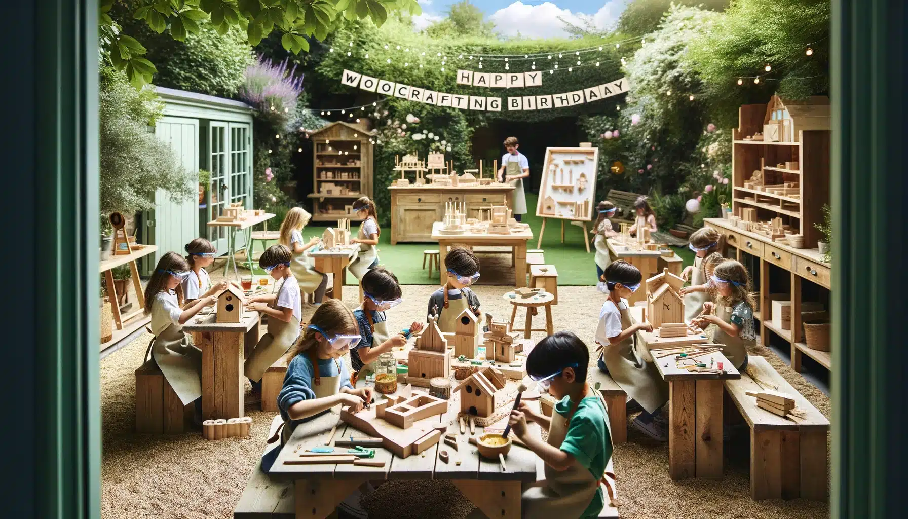 DALL·E 2024 02 14 14.28.06 Imagine a kids birthday party themed around Crafting with Wood set in a spacious backyard filled with natural light and greenery. The scene includ | De Groene Helden, Ontdek een wereld van duurzaamheid en plezier voor de hele familie.