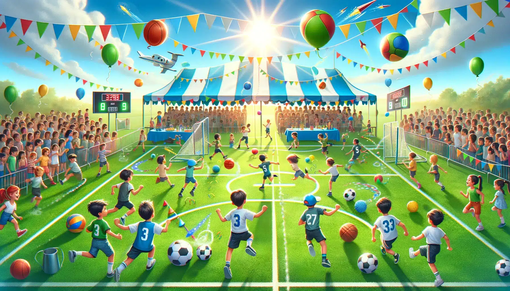 DALL·E 2024 02 14 14.32.05 Create an image of a dynamic Sports Party themed kids birthday party. This festive event is set on a large green outdoor field under a clear blue | De Groene Helden, Ontdek een wereld van duurzaamheid en plezier voor de hele familie.