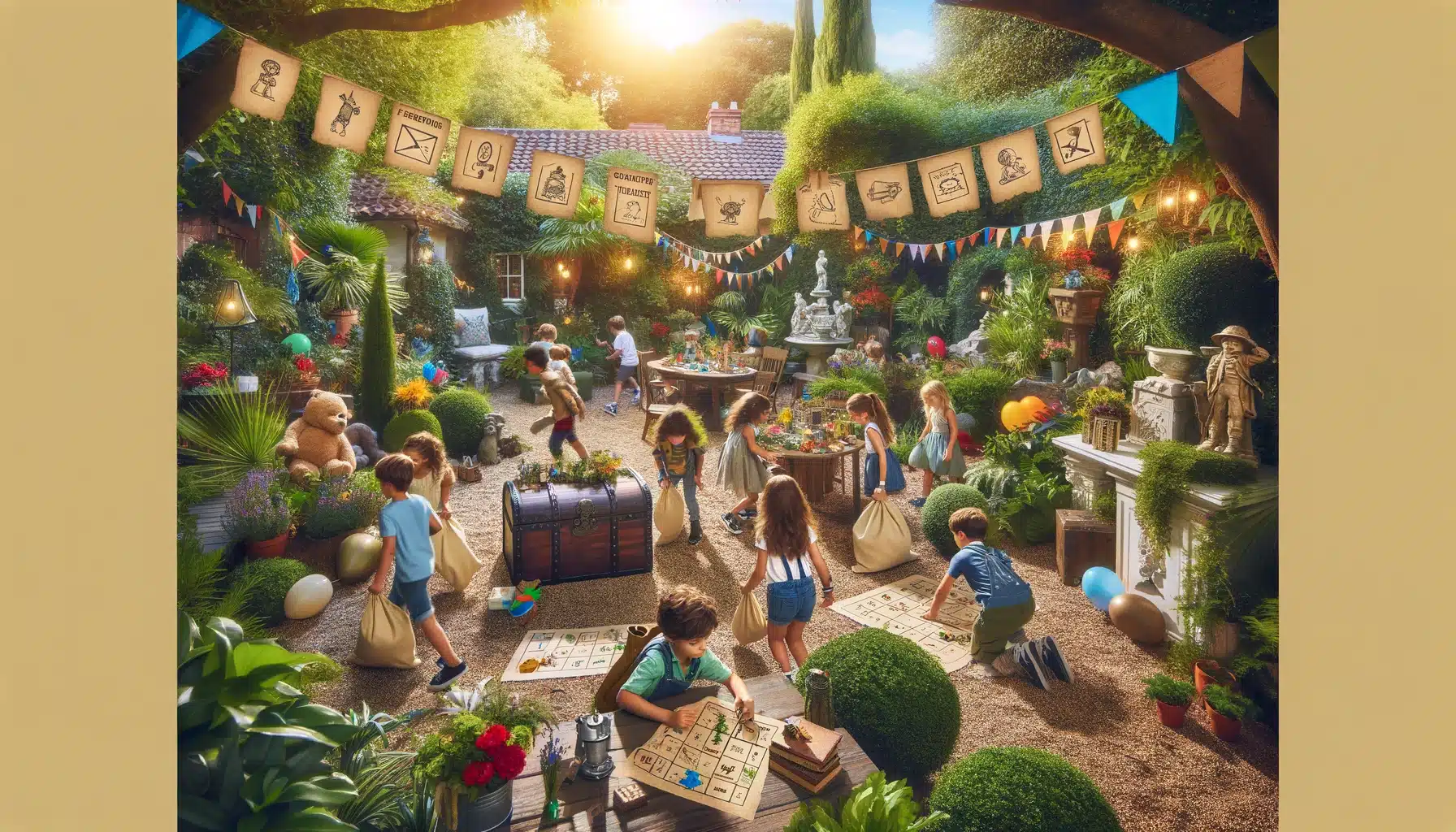 DALL·E 2024 02 14 14.33.39 Create an image of an adventurous Scavenger Hunt Party themed kids birthday party. The setting is a large lush backyard garden filled with hidden | De Groene Helden, Ontdek een wereld van duurzaamheid en plezier voor de hele familie.